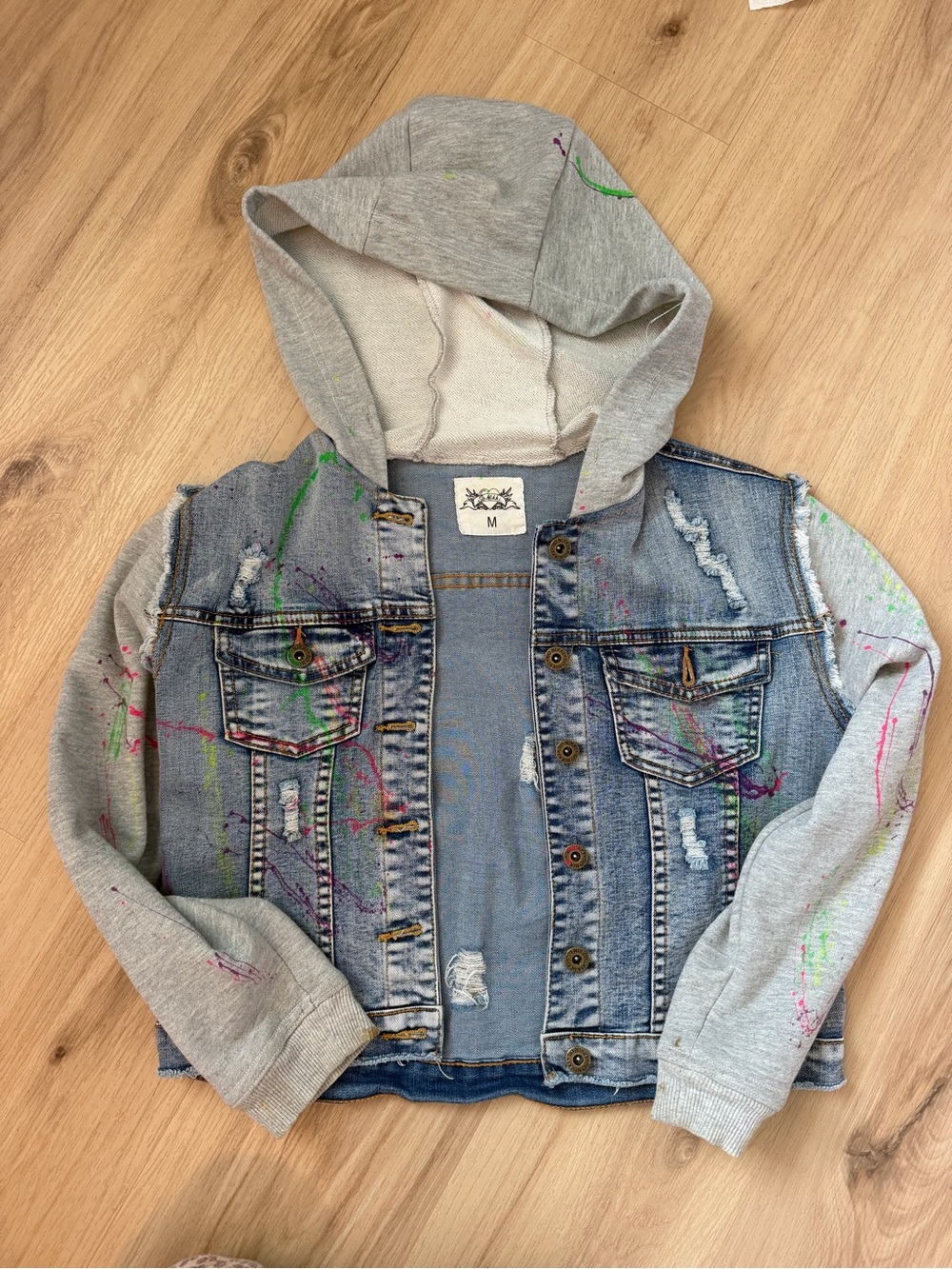 So Nikki Denim Jacket with Gray Hood and Neon Paint Splatter